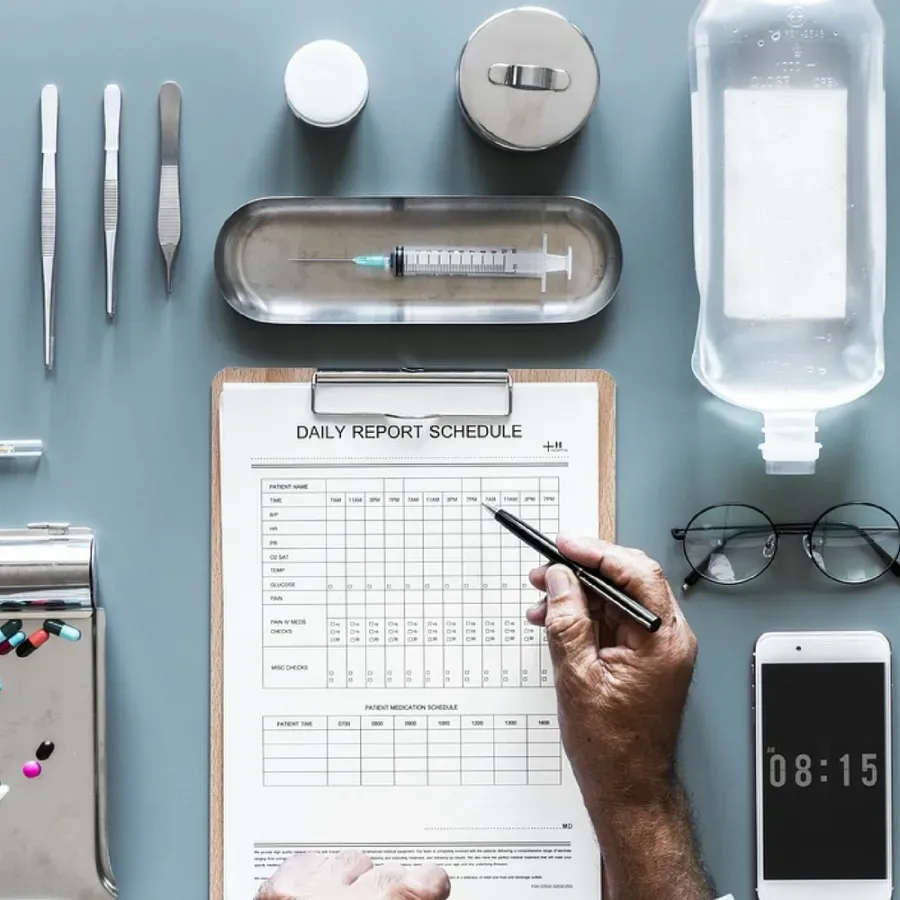 Medical instruments and documentation laid out